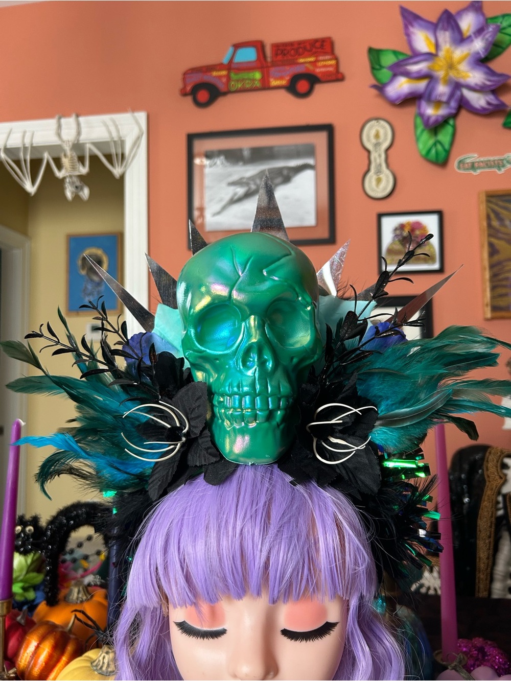 Handcrafted Teal Skull Feather Headpiece